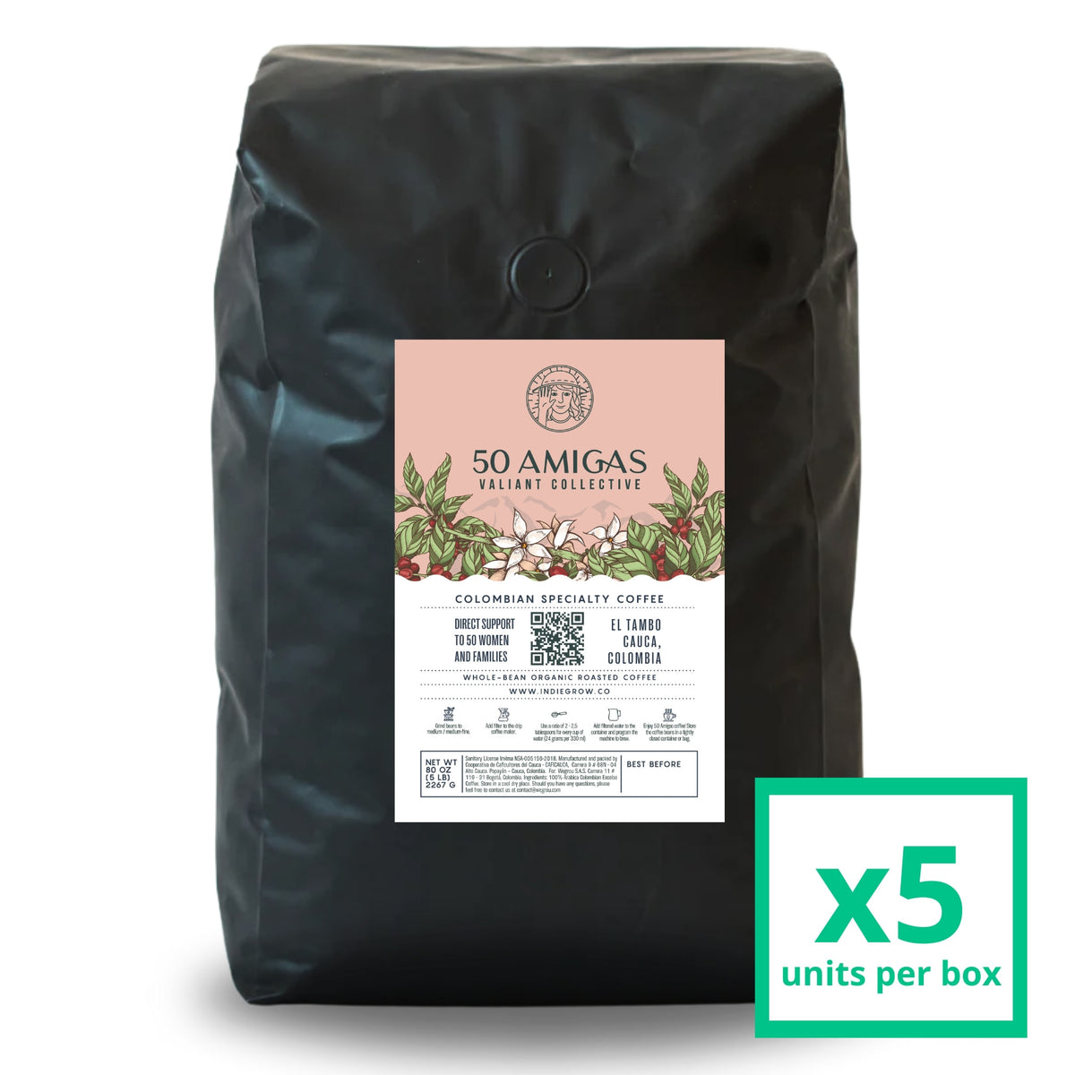 50 Amigas Coffee Colombian | Arabica | Gourmet | Direct Trade -5 LBS (Pack of 5)